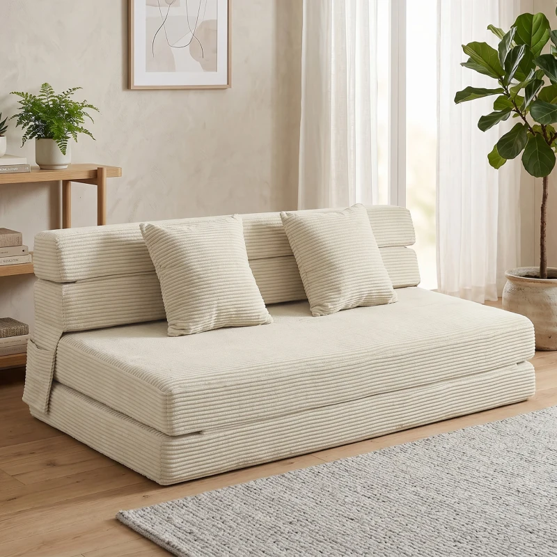 HOMCOM Sofá Cama Plegable 2 en 1 Butaca 2 Plazas Convertible en Terciopelo Acanalado Almohada Bolsillos Laterales Crema