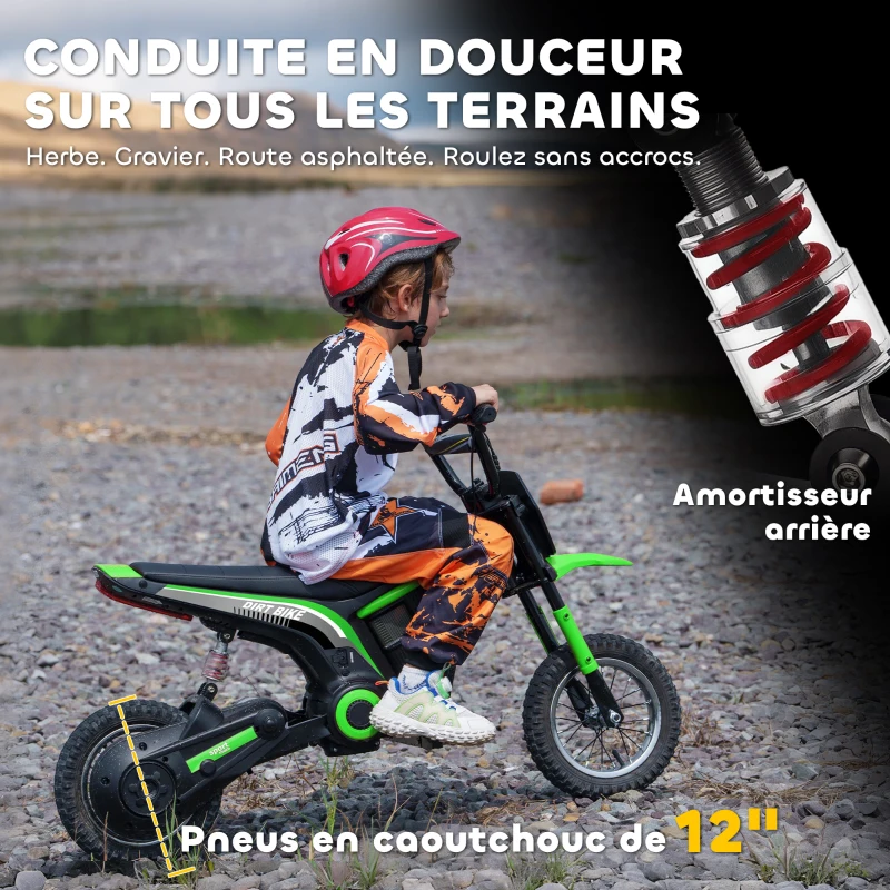 HOMCOM Moto cross électrique enfant moto électrique enfants moteur 350 W batterie 12V 8-16 km/h pneus gonflables 12'' vert