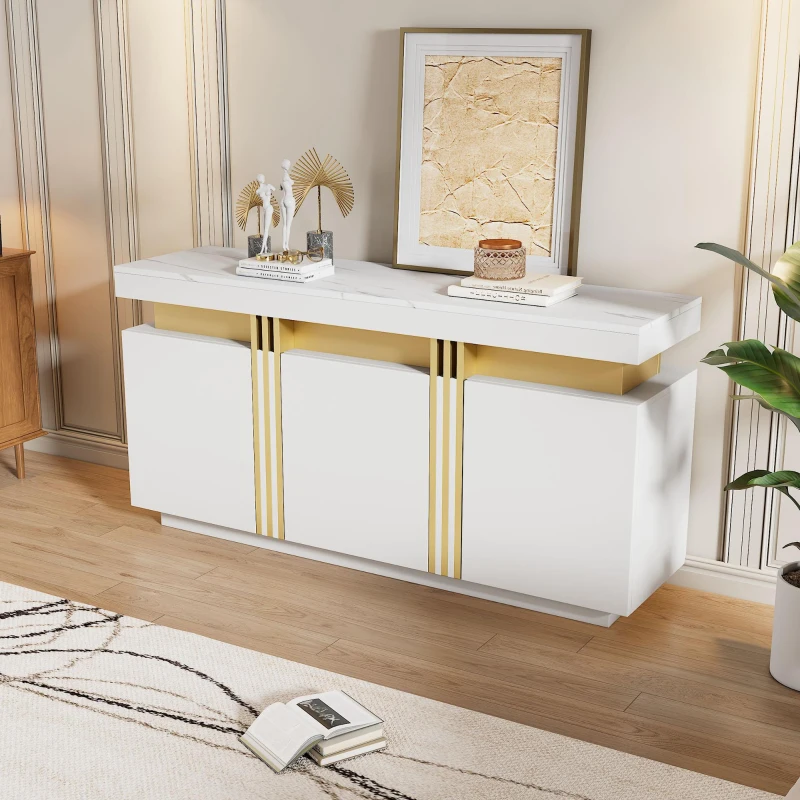 Modern Sideboard with Faux Marble Top and Anti-Tip Fixings, Luxury Storage Unit with Adjustable Shelves, 140L x 38W x 70H cm, White