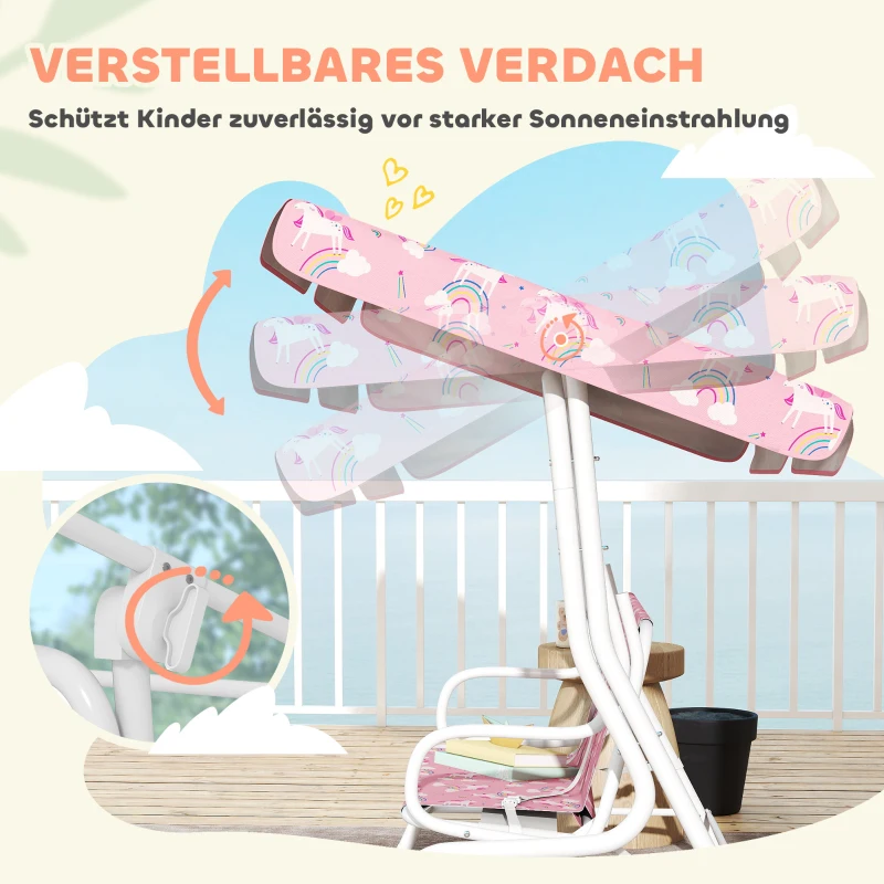 AIYAPLAY 2-Sitzer Kinder Hollywoodschaukel mit verstellbarem Sonnendach, Sicherheitsgurt, für 3-6 Jahre Kinder bis 60 kg Rosa