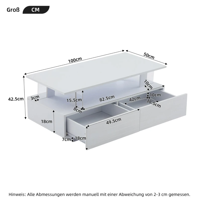 Sleek LED Coffee Table with App-Controlled Lighting, Stylish Center Table with Open Storage Shelf, 100L x 50W x 42.5H cm, White