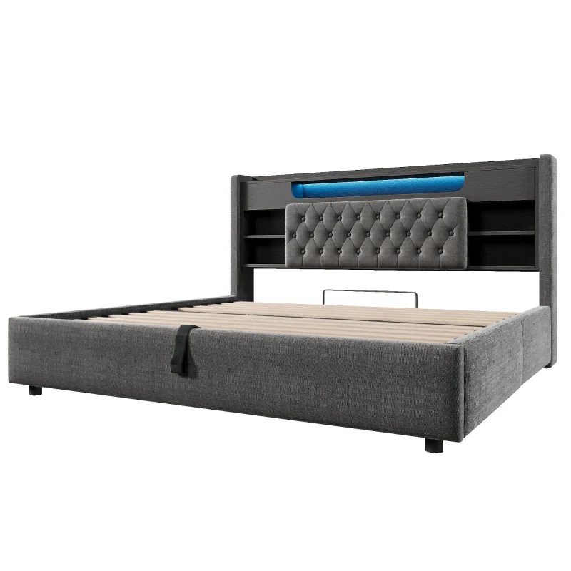 6ft Super King Upholstered Bed with Hydraulic Storage, Stylish Modern Bed Frame with Ambient LED Lighting, 223L x 188W x 115H cm, Grey