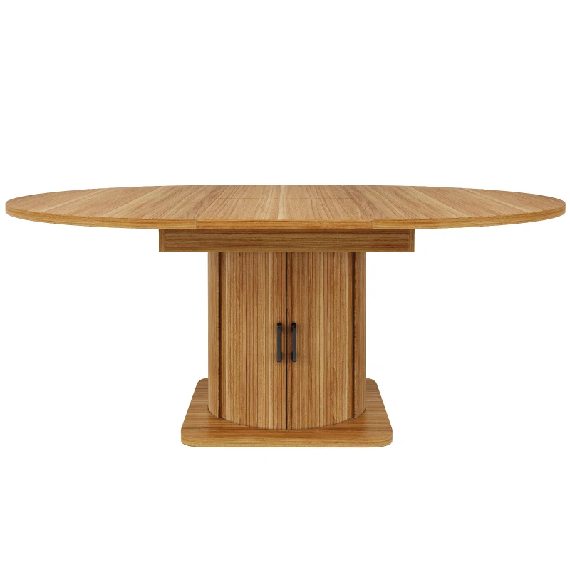 Extendable Dining Table with Space-Saving Round-to-Oval Design, Elegant Convertible Table with Smooth Metal Handle, 118L x 118W x 76H cm, Brown