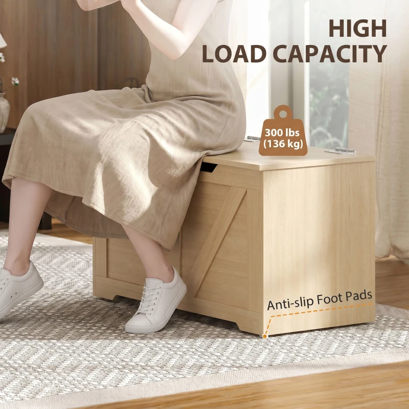 HOMCOM 100L Home Storage Box, with Safety Hinge - Nature Wood Finish