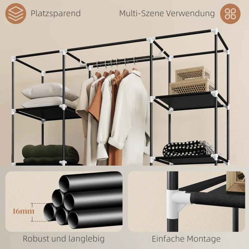 HOMCOM Stoffen Kledingkast van Vlies, Opvouwbare Kast, 1 Kledingstang, 9 Planken, 150 cm x 43 cm x 162,5 cm, Zwart