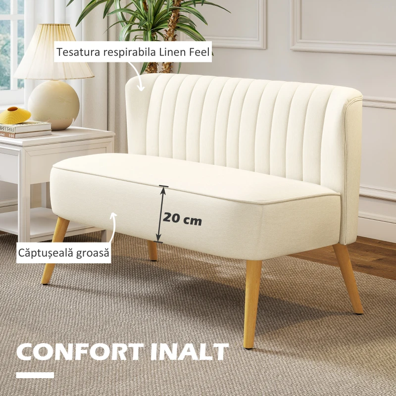 HOMCOM, Canapea, Cu Două Locuri, Material textil cu efect de in, Lemn de cauciuc, 117 x 56.5 x 77 cm, Crem