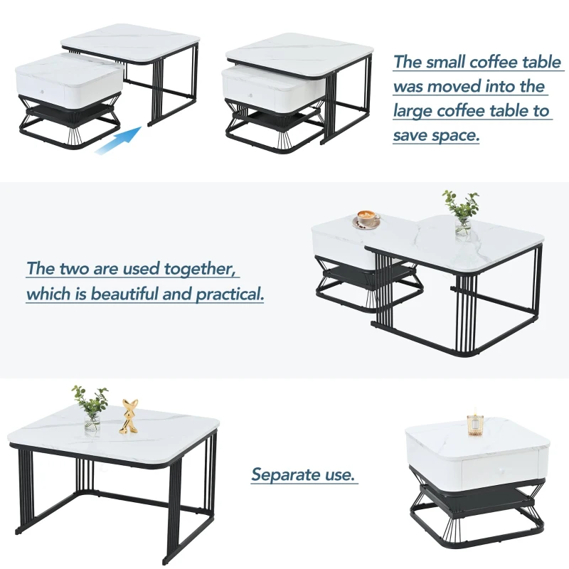 Nesting Coffee Table Set with Open Storage Shelf, Space-Saving Center Table Set with MDF Tops, 70L x 70W x 45H cm, White+Black