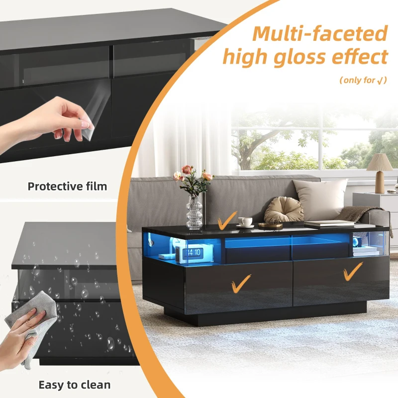 High-Gloss 3-Tier Coffee Table with Removable Tray, Sturdy Center Table with App-Controlled LED Lights, 90L x 45W x 35.5H cm, Black