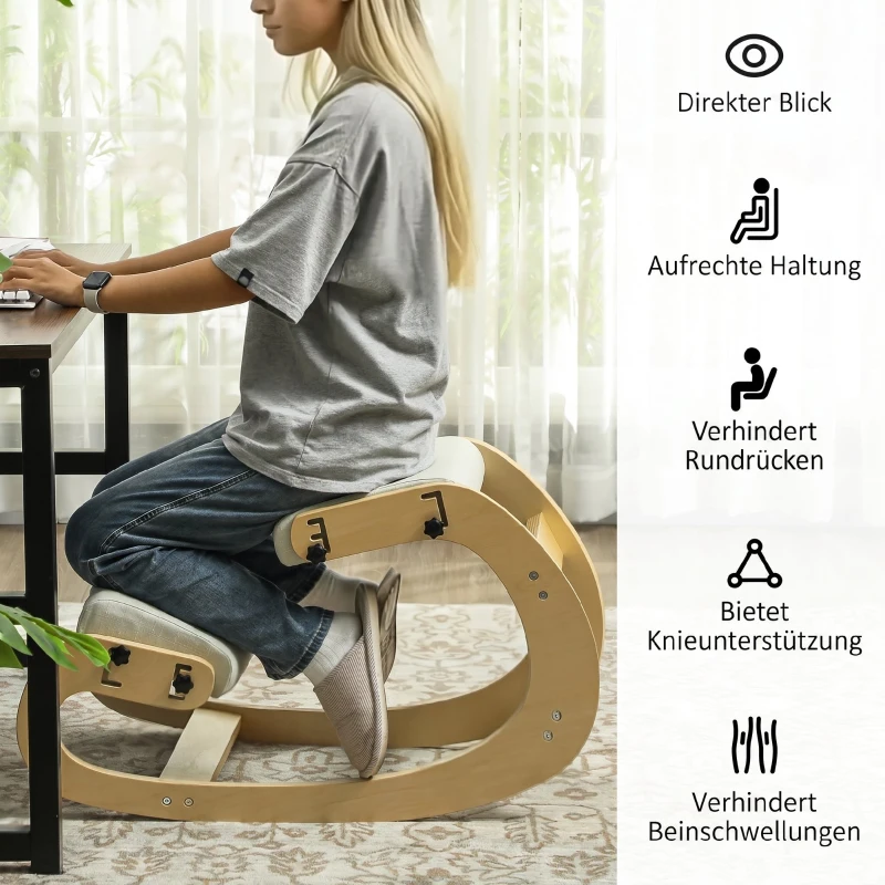 HOMCOM Ergonomischer Kniestuhl, Kniehocker mit 6 verstellbaren Einstellungen, Basis aus Holz Cremeweiß