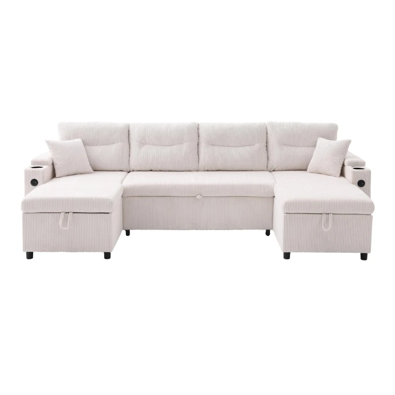 Contemporary 4-Seater Sofa with 2 Chaise Longues, Ribbed Corduroy Couch with Built-In Cup Holders, 272L x 136W x 86H cm, Beige