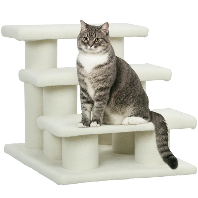 PawHut Escalier pour chat 3 marches Rampe pour animaux Rampe pour chat Peluche 45 x 35 x 34 cm cm Beige