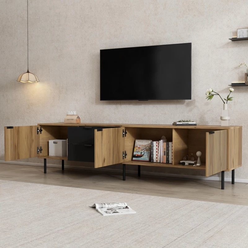 Durable TV Unit with Integrated Cable Management, Modern Lowboard with 2 Drawers and 3 Cabinets, 208L x 40W x 48H cm, Natural