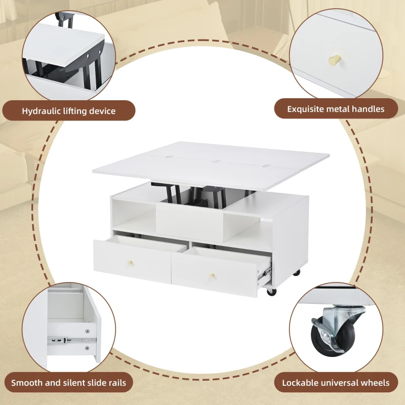 Extendable Lift-Top Coffee Table with Two Lift-Up Tabletops and Castors, Space-Saving Dining Table with four drawers, 100L x 50W x 47.5H cm, White