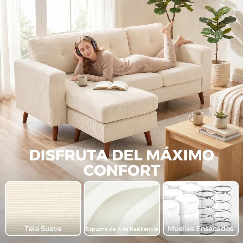 HOMCOM Sofá esquinero 192 cm en L 3 plazas con chaiselongue reversible, acabado en pana, para espacios pequeños, blanco crema