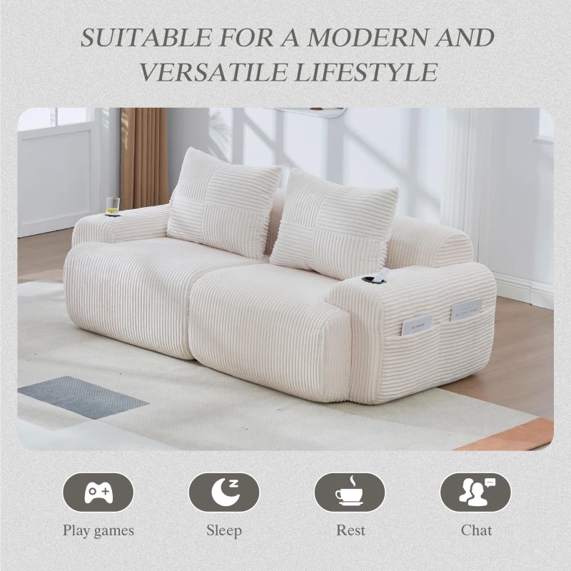 Modular 2-Seater Sofa with Built-In Cup Holder and Side Storage Pocket, Ribbed Corduroy Couch with High-Density Foam, 200L x 99W x 80H cm, Beige