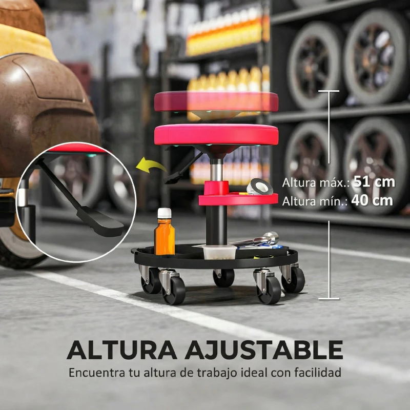 HOMCOM Taburete de Taller Giratorio con Ruedas Altura Ajustable de 40-51 cm y 2 Bandejas Carga 135 kg para Garaje Rojo