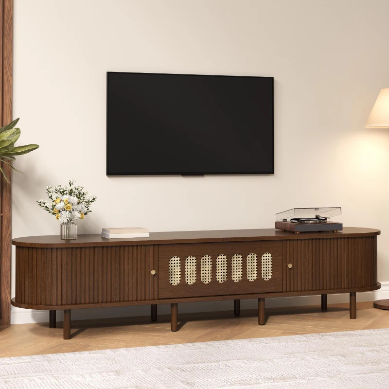 Oval TV Unit with Rattan-Effect Hinged Door, Sturdy Lowboard with 5 Enclosed Compartments, 180L x 40W x 40H cm, Walnut