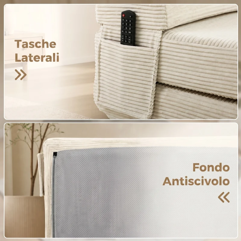 HOMCOM Sofá Cama Plegable 2 en 1 Butaca 2 Plazas Convertible en Terciopelo Acanalado Almohada Bolsillos Laterales Crema