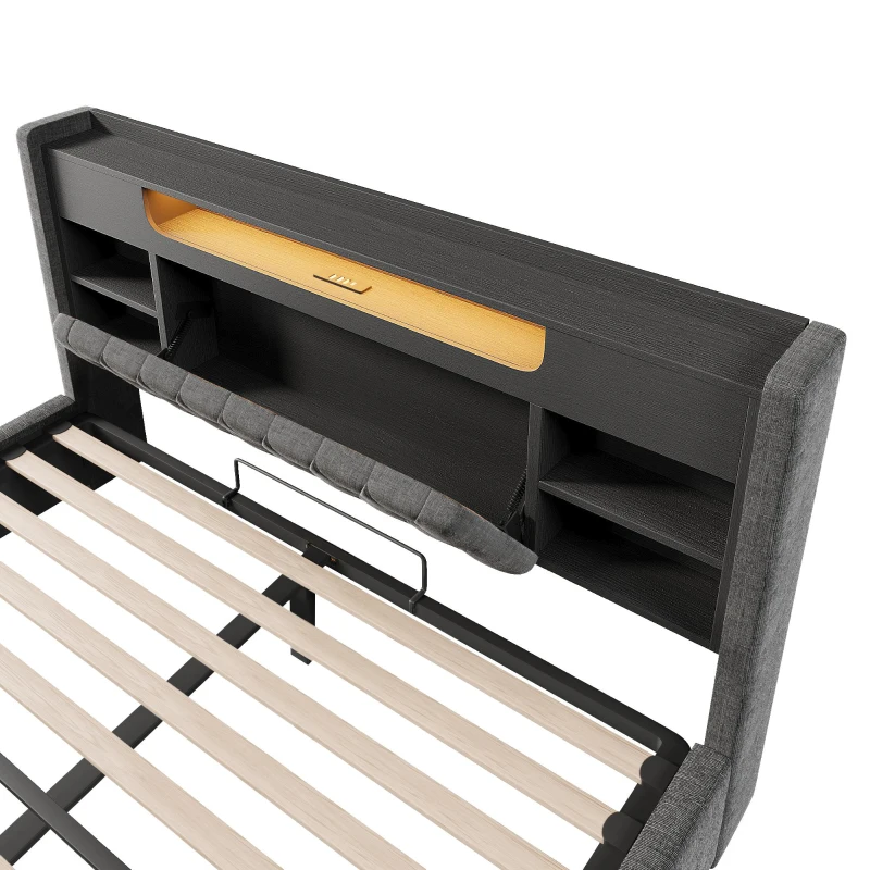 6ft Super King Upholstered Bed with Hydraulic Storage, Stylish Modern Bed Frame with Ambient LED Lighting, 223L x 188W x 115H cm, Grey