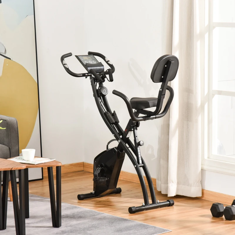 HOMCOM Bicicleta Estática Plegable 3 en 1 con Respaldo y 8 Niveles Resistencia Magnética, Bicicleta Estática para Casa Ajustable con Monitor LCD Volante Banda Sensor de Pulso Soporte de Teléfono Negro