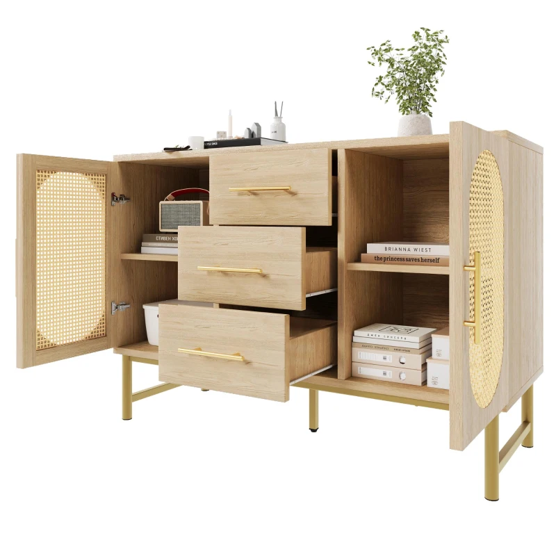 Contemporary Rattan Sideboard with Woven Rattan-Effect Front, Textured Storage Cabinet with Metal Handles, 120L x 40W x 74H cm, Oak