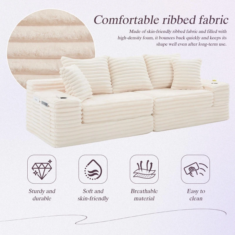 Convertible Sofa Bed with High Backrest and Extra Pillow, Ribbed Corduroy Couch with Dual Side Pockets, 107.5L x 38.5W x 34H cm, Beige