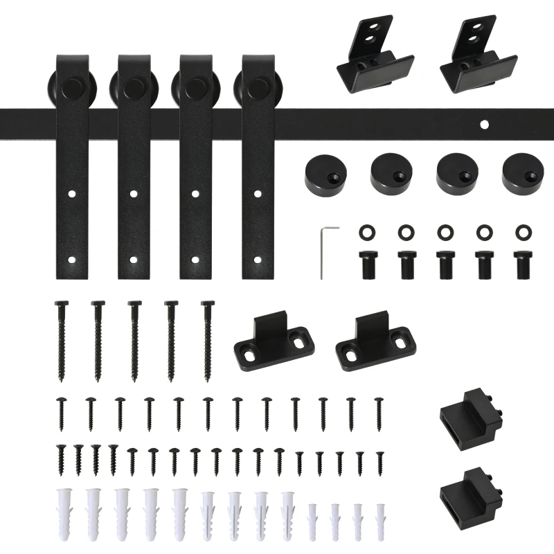 HOMCOM schuifdeursysteem looprail schuifdeurbeslag voor dubbele houten deuren accessoires koolstofstaal zwart 183 x 0,6 x 18 cm