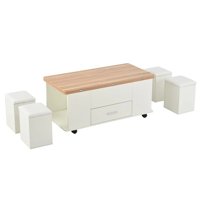 Extendable Lift Top Coffee Table with Hydraulic Lift, Space-Saving Center Table with 4 Hidden-Storage Stools, 100L x 50W x 45H cm, White+Natural