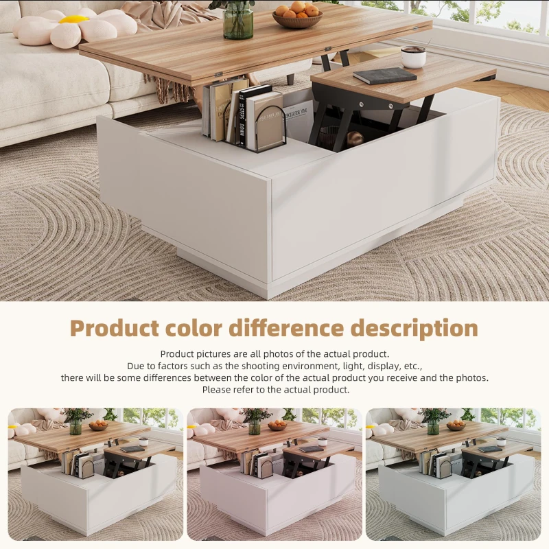 Lift-up Coffee Table with Hidden Storage and Dual Liftable Tops, Space-saving Centre Table for Dining, 100L x 50W x 55.5H cm, White+Natural