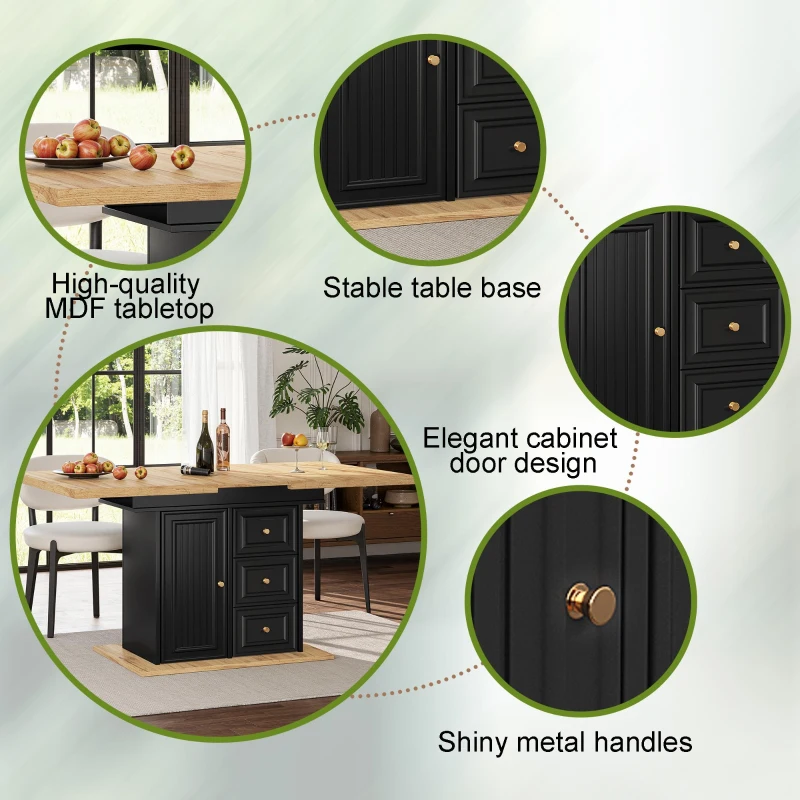 Concealed Telescopic Kitchen Table with High-Density MDF Tabletop, Extendable Dining Table with Built-In Leg Storage, 110L x 80W x 75H cm, Black