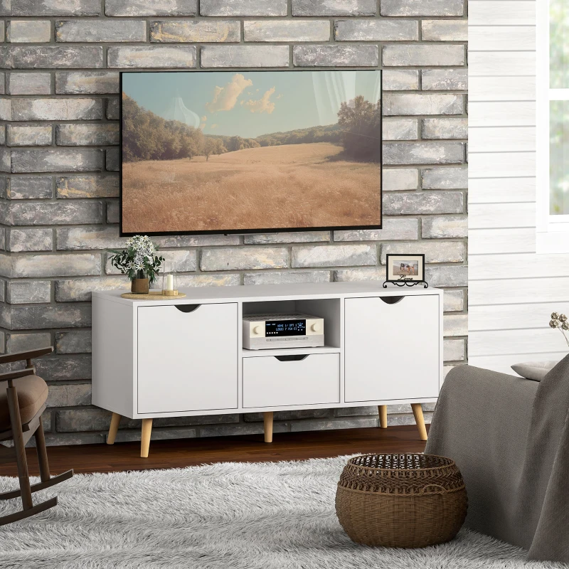 HOMCOM Mueble de TV con Cajón 2 Puertas y Estante Abierto Patas de Madera para Televisores 50 Pulgadas 110x40x50 cm Blanco