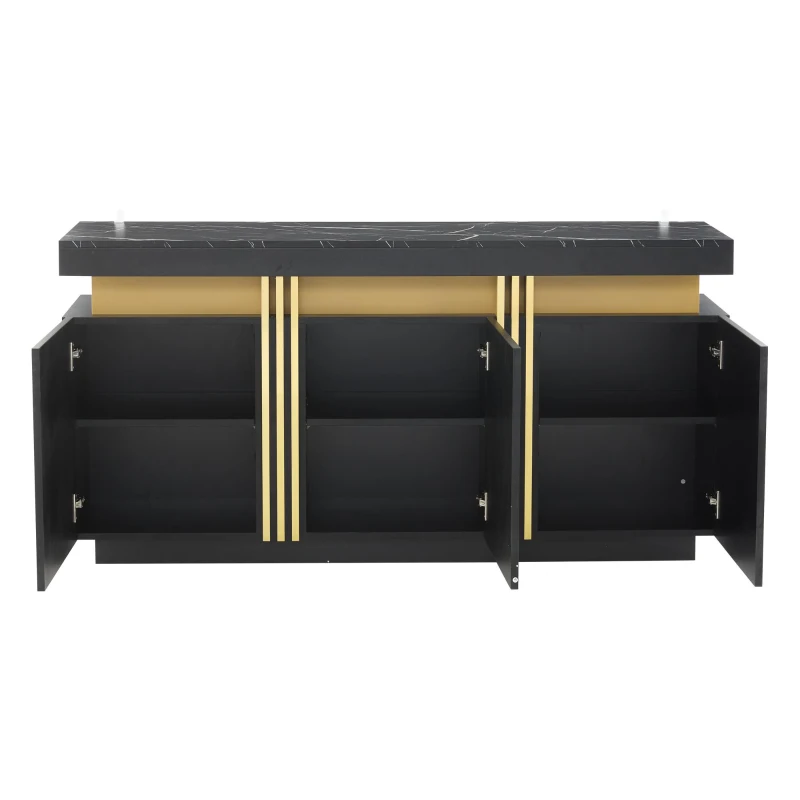 Modern Sideboard with Faux Marble Top and Anti-Tip Fixings, Luxury Storage Unit with Adjustable Shelves, 140L x 38W x 70H cm, Black