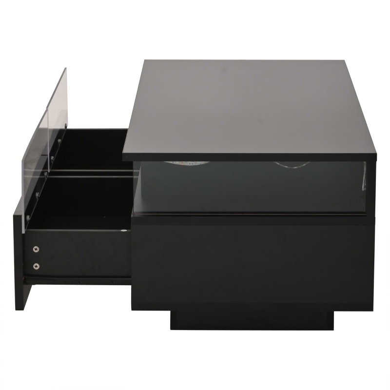 High-Gloss 3-Tier Coffee Table with Removable Tray, Sturdy Center Table with App-Controlled LED Lights, 90L x 45W x 35.5H cm, Black
