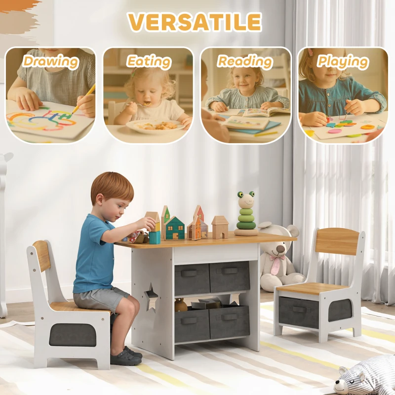 AIYAPLAY Kids Table and Chair Set, Toddler Table and 2 Chairs Set with 6 Removable Drawers, for Boys Girls Ages 3-8, Natural