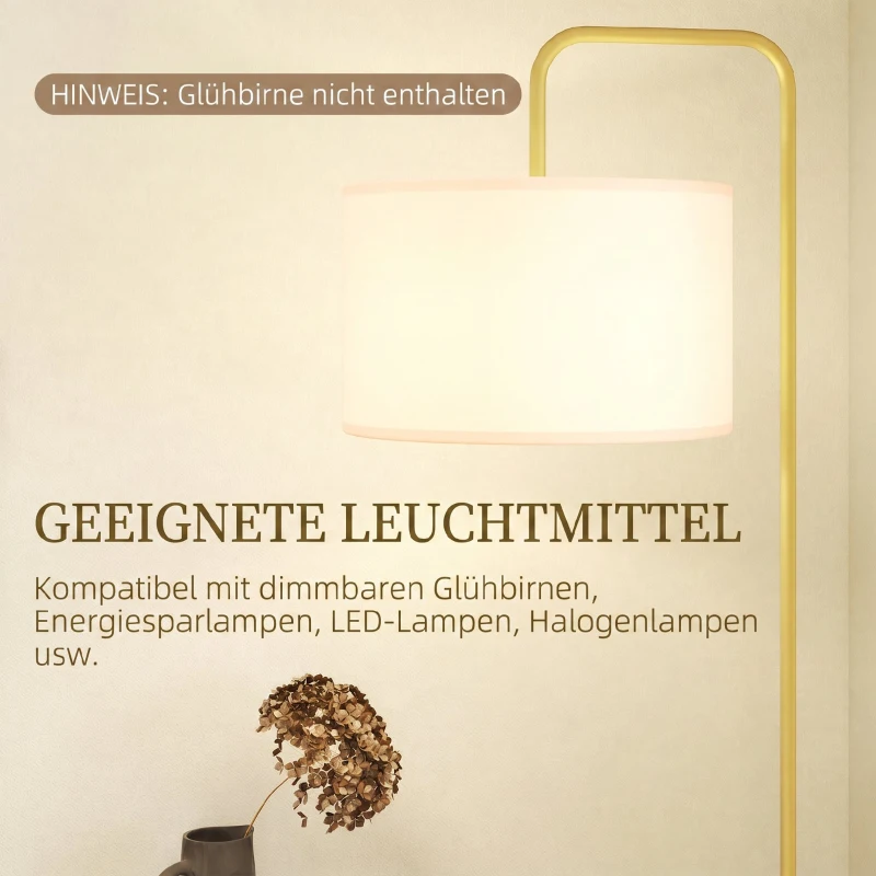 HOMCOM Lampa stojąca z włącznikiem nożnym, lampa podłogowa z materiałowym abażurem, stal, złota