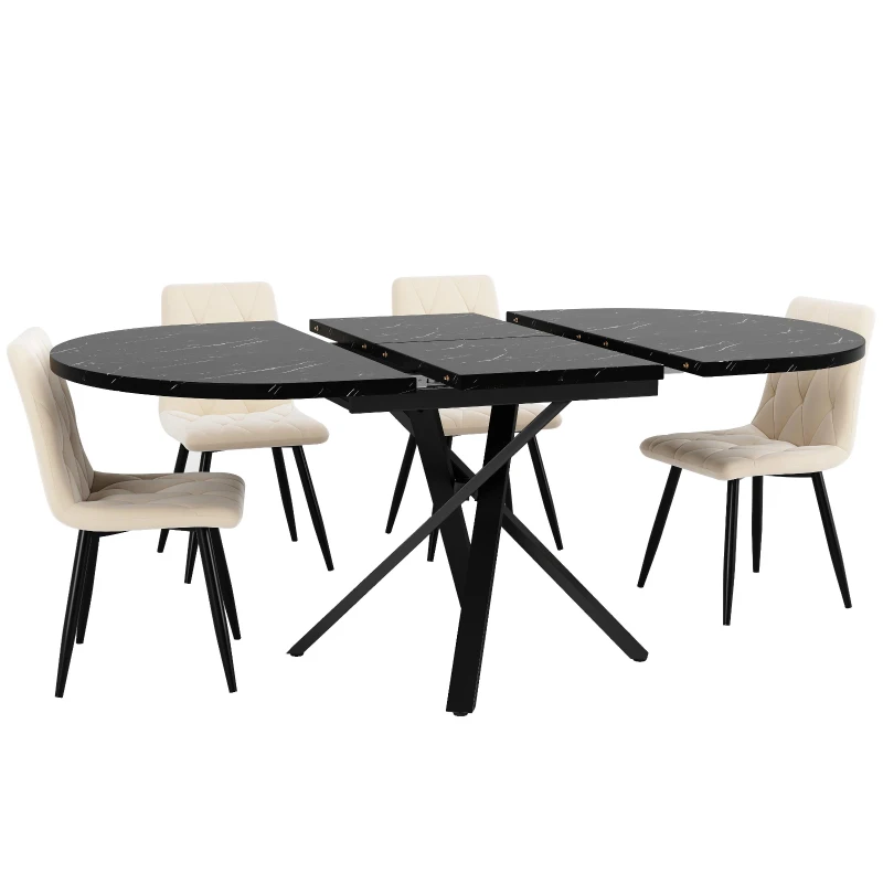 Extendable Dining Table with Marble-Effect Top, Space-Saving Round Table with Sturdy X-Shaped Metal Frame, 100L x 100W x 75.5H cm, Black