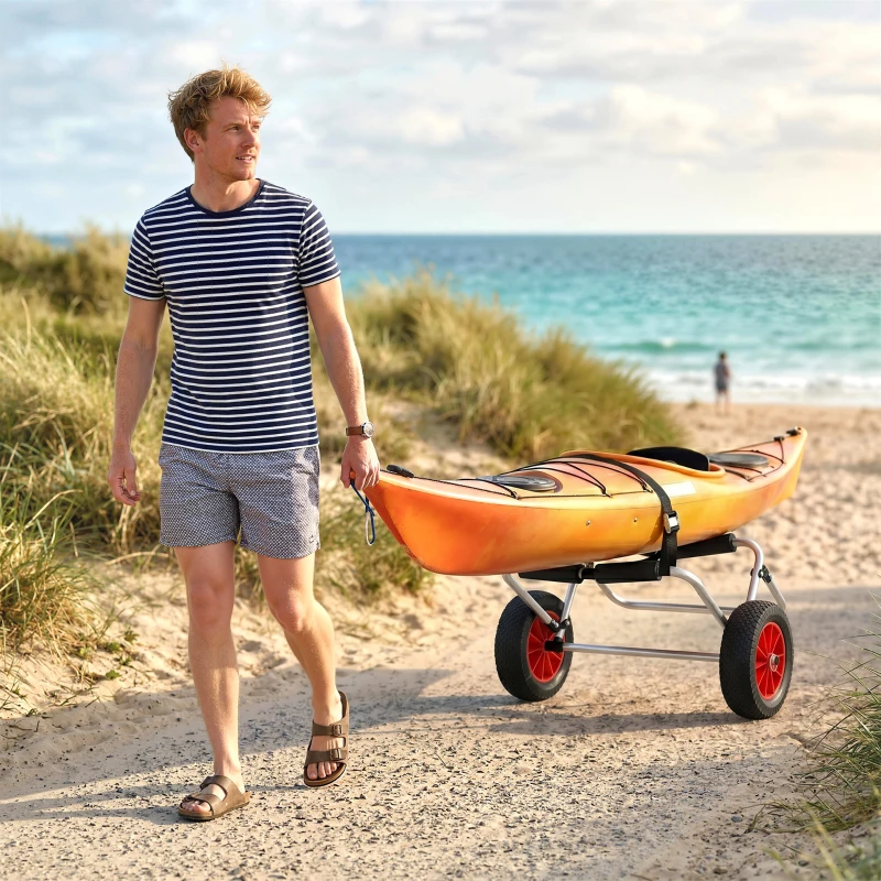 HOMCOM Carrellino da Spiaggia Pieghevole per Kayak e Canoa con Paraurti, in Alluminio e NBR, 70x40x42 cm