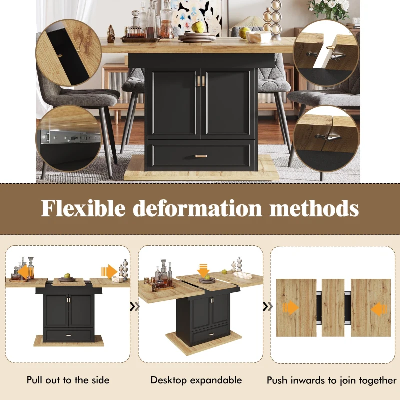 Lockable Telescopic Kitchen Table with Wood‑Grain High‑Density MDF Top, Extendable Dining Table with Concealed Storage, 110L x 80W x 75H cm, Black