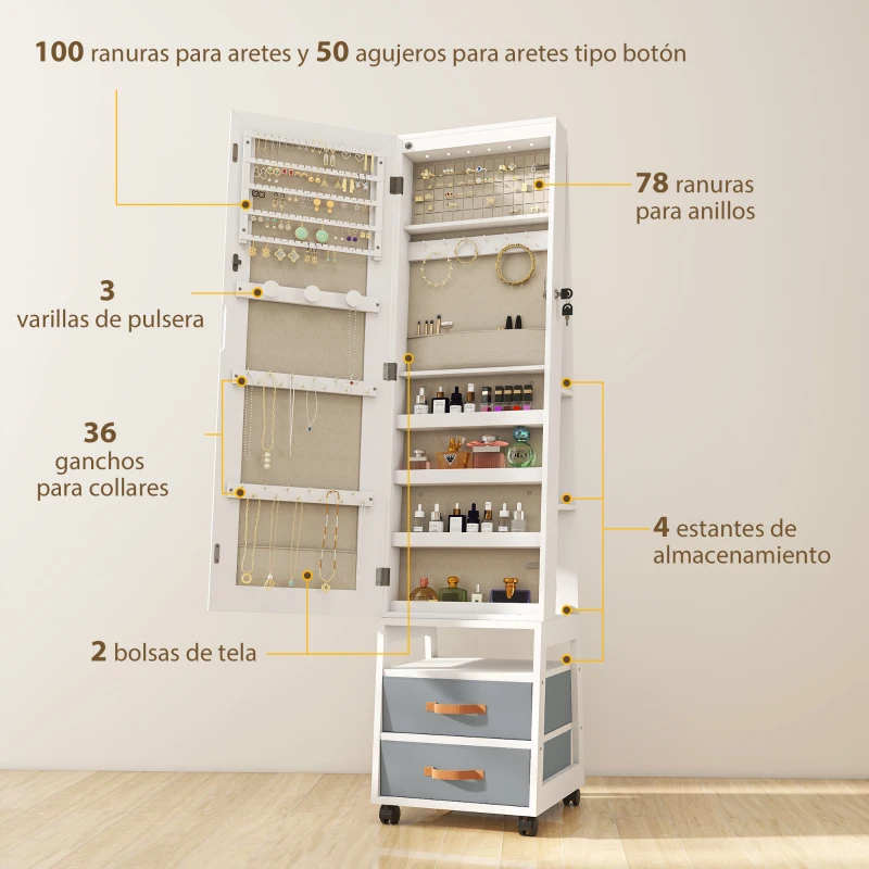 HOMCOM Espejo Joyero con Luces LED Interior Ruedas Giratorio de 360° Estantes Abiertos Cajones de Tela Blanco