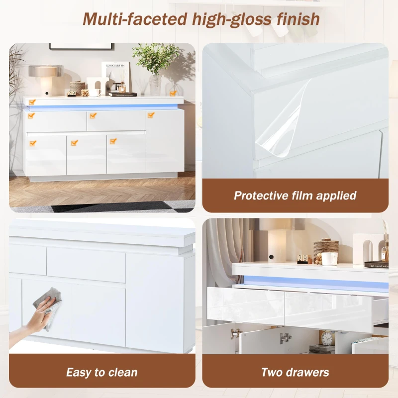 High-Gloss Sideboard with App-Controlled RGB LED Lighting, Freestanding Storage Cabinet with Adjustable Shelves, 140L x 35W x 72.5H cm, White