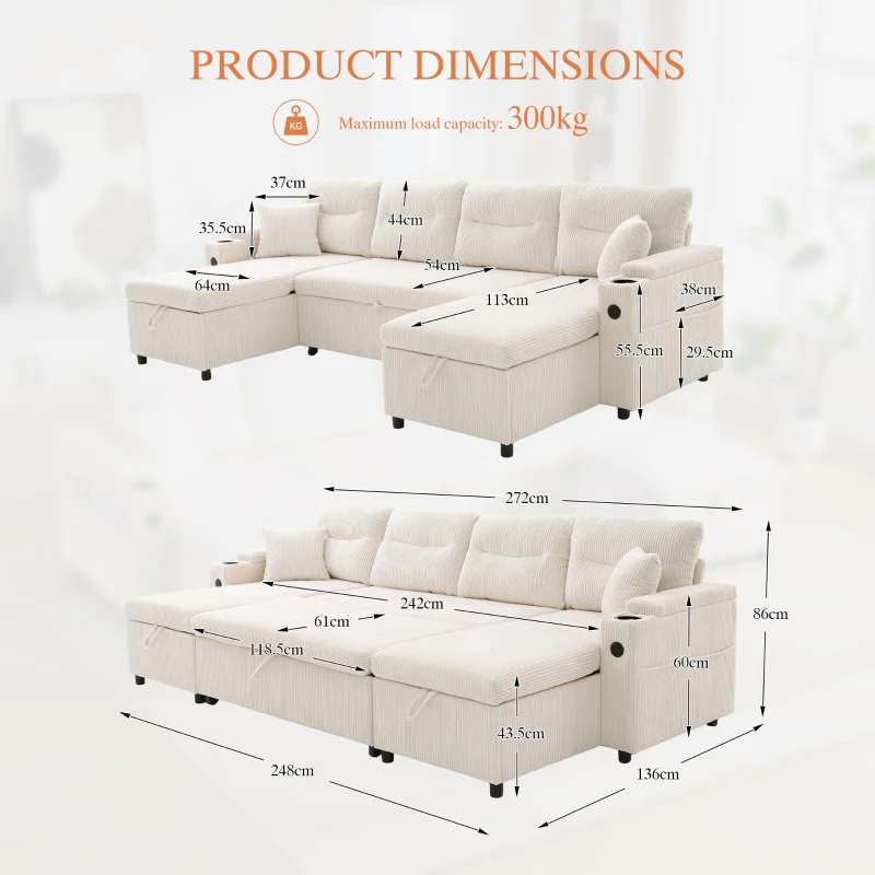 Contemporary 4-Seater Sofa with 2 Chaise Longues, Ribbed Corduroy Couch with Built-In Cup Holders, 272L x 136W x 86H cm, Beige