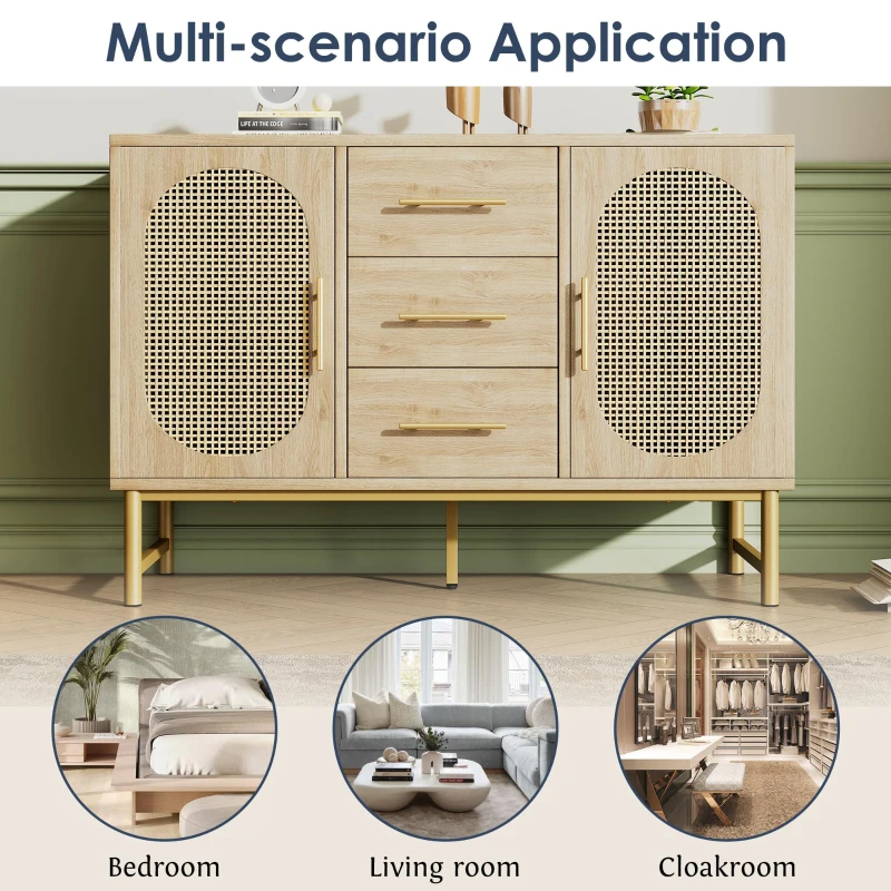 Contemporary Rattan Sideboard with Woven Rattan-Effect Front, Textured Storage Cabinet with Metal Handles, 120L x 40W x 74H cm, Oak