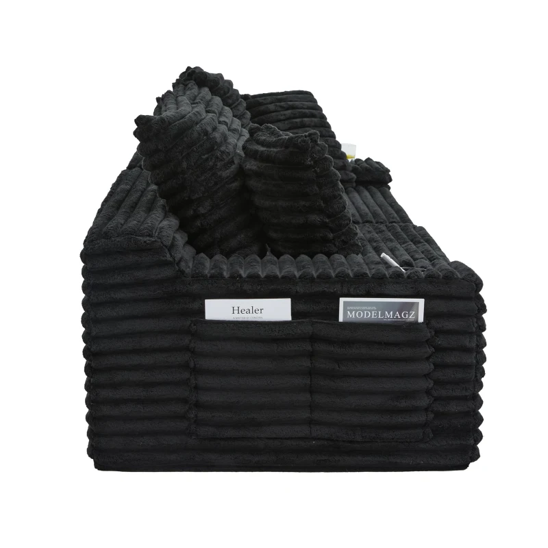 Convertible Sofa Bed with High Backrest and Extra Pillow, Ribbed Corduroy Couch with Dual Side Pockets, 107.5L x 38.5W x 34H cm, Black