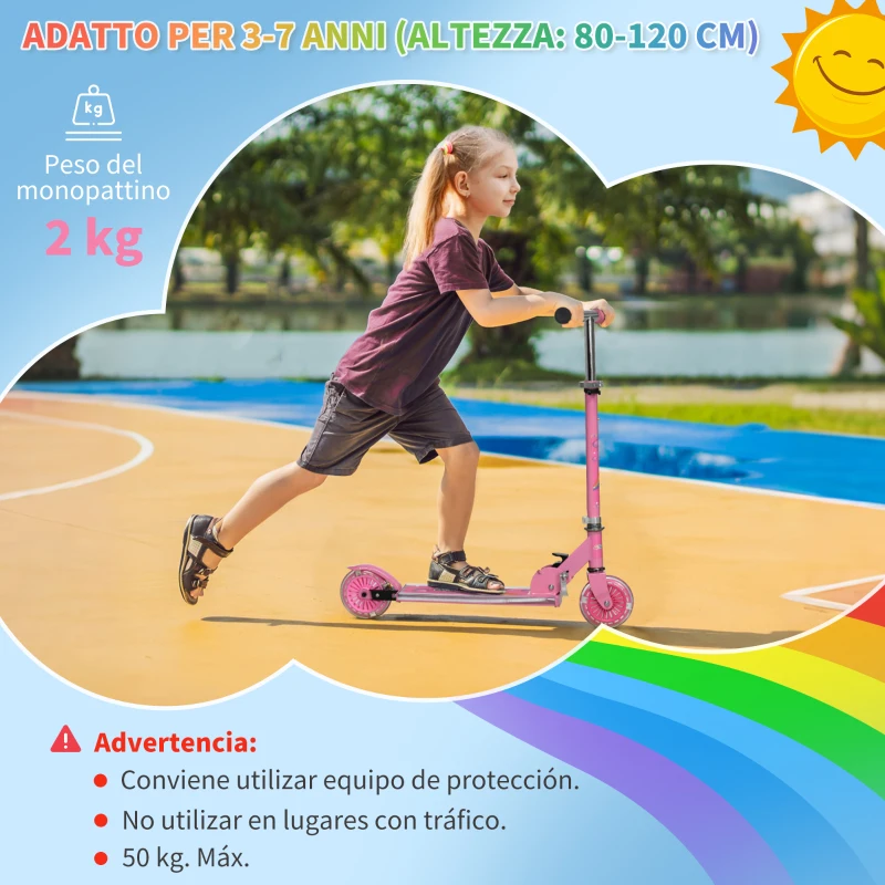 HOMCOM Monopattino per Bambini 3-7 Anni Pieghevole a 2 Ruote e Altezza Regolabile, 67x30x63/68/73/76 cm, Rosa