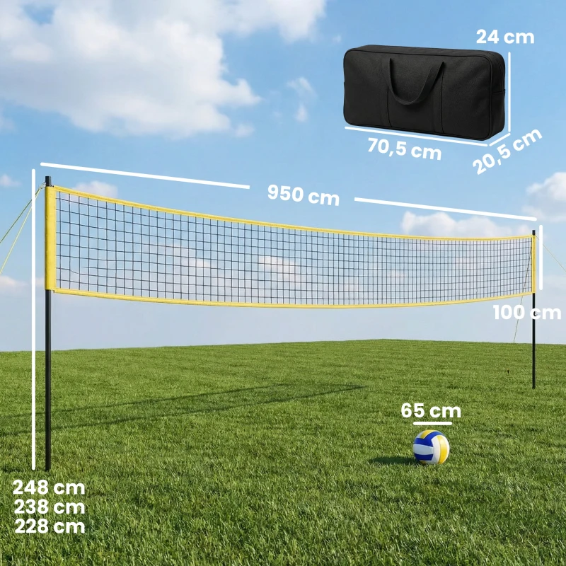SPORTNOW Draagbaar volleybalnet set – Volleybalset met verstelbare stalen palen en draagtas, zwart, 950 x 100 x 248 cm