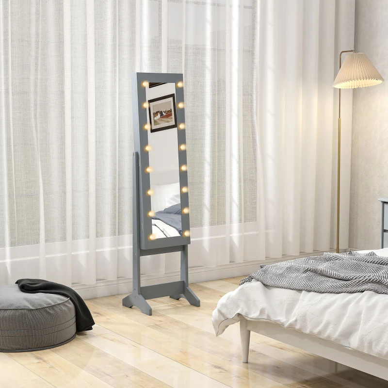 HOMCOM Espejo Joyero con Luces LED Armario para Joyas Armario Joyero de Pie con Espejo Entero Ángulo Ajustable Gris