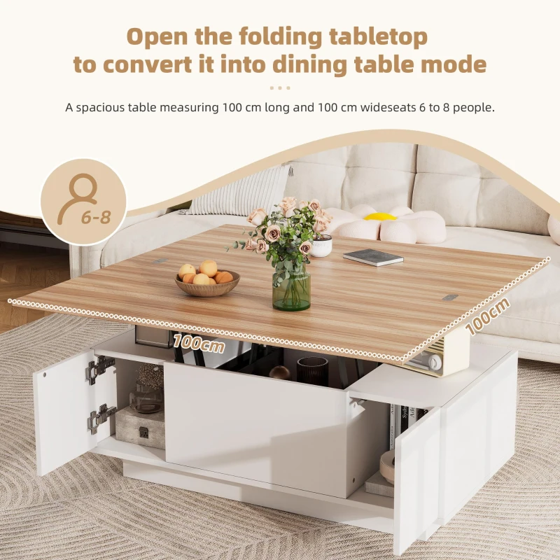 Lift-up Coffee Table with Hidden Storage and Dual Liftable Tops, Space-saving Centre Table for Dining, 100L x 50W x 55.5H cm, White+Natural