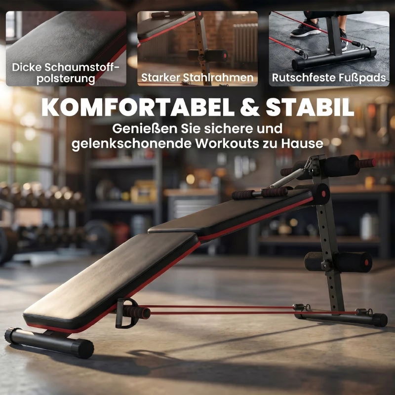 HOMCOM Sit Up Bank Bauchtrainer mit Trainingsseile Trainingsbank Multifunktion Verstellbar&klappbar 110 kg Belastbarkeit Stahl Schwarz+Rot 137 x 51 x 50-66 cm