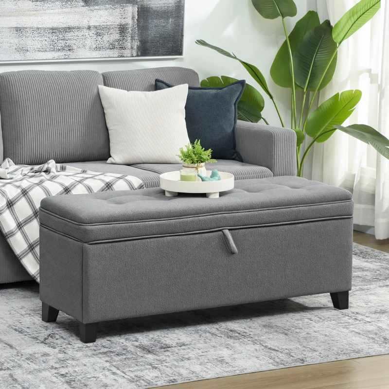 HOMCOM Sitzbank mit Stauraum, Polsterbank 120x40x48 cm mit Sicherheits-Scharniern, Leinenoptik, Dunkelgrau