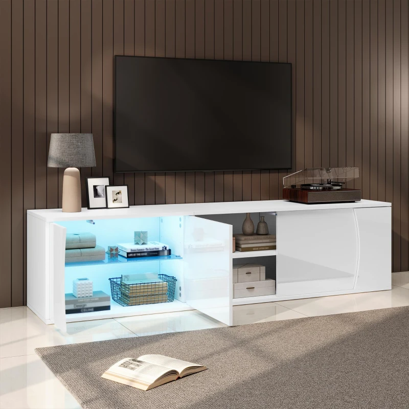 Freestanding TV Cabinet with LED Ambient Lighting and Tempered Glass Display, Modern Lowboard with 3 Doors, 180L x 40W x 45H cm, White